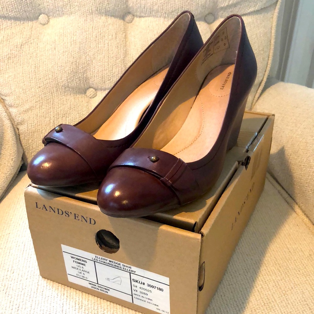 Dark Brown Wedge Dress Shoes Lands End Size 8